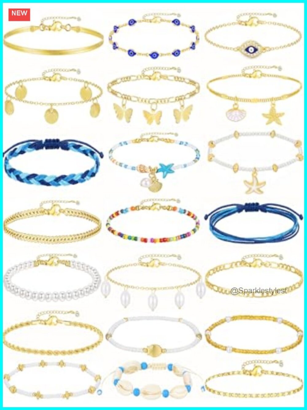 14K Gold Plated Anklet Set 21pc Layered Adjustable Lobster Clasp